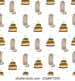 Vector seamless pattern with cats and birthday cakes. Hand drawn flat illustration. Great for wrapping paper.