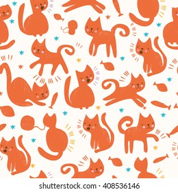 vector seamless pattern with cats. bright colored drawing. textile, fabric, background, packaging