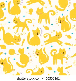 vector seamless pattern with cats. bright colored drawing. textile, fabric, background, packaging