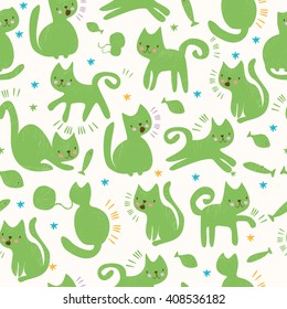vector seamless pattern with cats. bright colored drawing. textile, fabric, background, packaging