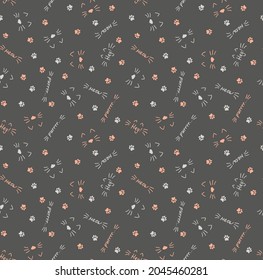 Vector seamless pattern. With cats, cat footprints, lines and words meow, purr, hey! Light grey and coral elements on dark grey background. Can be used for wallpaper, giftwrap, fabric and other