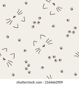 Vector seamless pattern with cats and cat footprints. Elements of Pony Express on a very light shade of brown background. Can be used for wallpaper, gift wrapping, fabric and other materials.