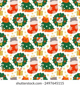 Vector seamless pattern with cats, christmas wreath, stars, gifts, cat in a christmas tree costume. Holiday cute background, wrapping paper