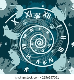 Vector seamless pattern of cats and clocks. Time travel, time flies, cats fly. Design for printing on paper, textiles, packaging.