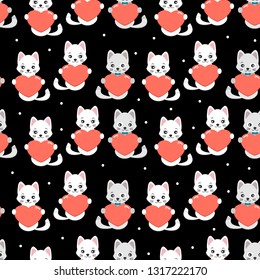 Vector seamless pattern with cats and coral hearts on an isolated black background. Cute illustration for greeting card or poster.