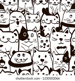 vector seamless pattern cats cute black white funny