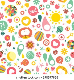 Vector seamless pattern with cats and different fun, summer things. Colorful kids wallpaper background.