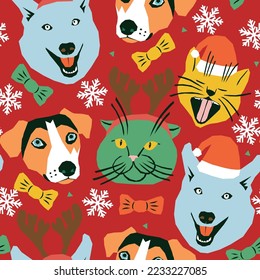 Vector seamless pattern with cats and dogs Christmas edition