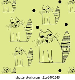 Vector seamless pattern. Cats are drawn on a yellow background with a black outline.