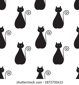 Vector seamless pattern with cats. Endless texture for wallpaper, web page, wrapping paper and etc. Black cats on white background 