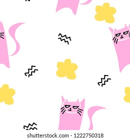 Vector seamless pattern with cats, flowers and wave lines on white background.