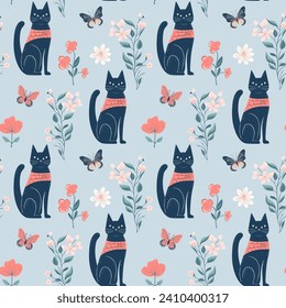 Vector seamless pattern with cats and flowers. Spring backgrounds in folk style. Floral wallpaper
