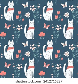 Vector seamless pattern with cats and flowers. Spring backgrounds in folk style. Spring wallpaper