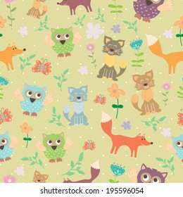 Vector seamless pattern with cats, fox, owls and flowers