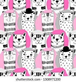 Vector seamless pattern with cats. Hand drawn illustration of kitten. 2