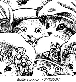 Vector seamless pattern with cats in a hats. White kittens.