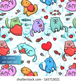 Vector seamless pattern with cats and hearts. Endless background
