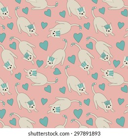 Vector seamless pattern with cats and hearts. EPS 8.