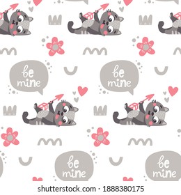 Vector seamless pattern with cats in love, flowers, spring, heart, valentine's day