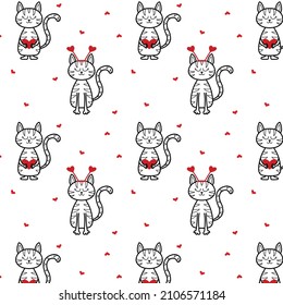  Vector seamless pattern with cats in love. Cute children's pattern for Valentine's Day. Pattern with cats hearts.