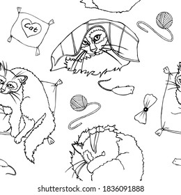 Vector seamless pattern with cats, mice and tangles. Suitable for textiles and backgrounds.