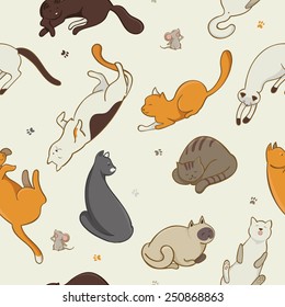 Vector seamless pattern with cats and mouse on the beige background. Cute illustration perfectly for textile, children's design, product for pets.