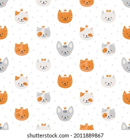 Vector seamless pattern with cats on a white background with dots. Ginger tabby, spotted cat and gray sphinx. Cute baby design for fabric, wallpaper and more