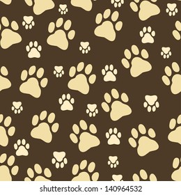 Vector seamless pattern of cat's paw prints on the brown background