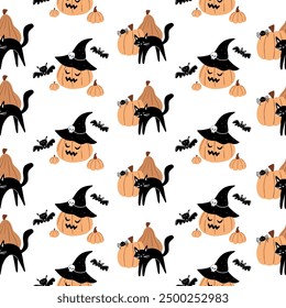 Vector seamless pattern with cats and pumpkins. Cute halloween pattern in hand drawn cartoon style. Magic illustration with pumpkins, cats, bats
