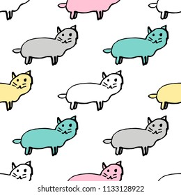 Vector seamless pattern with cats and ravels . Simple hand drawn background with doodle kittens. Pastel colors.