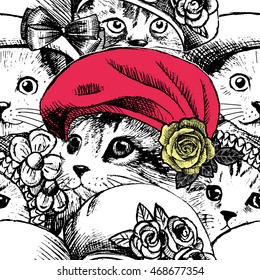 Vector seamless pattern with cats in a red hats. White kittens. Hand drawn illustration of dressed cats. 