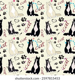 Vector seamless pattern with cats. Repeating pattern cats. Cats of different colors