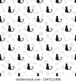 Vector seamless pattern with cats silhouettes. Cute pets background for package, fabric, wallpaper, wrapping paper, labels, web design.