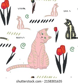 Vector seamless pattern with cats and tulips.