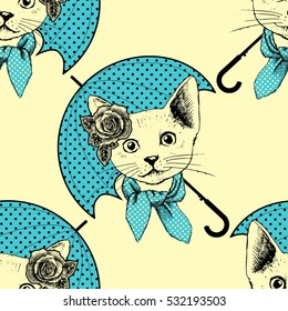Vector seamless pattern with cats and umbrella. Yellow and blue