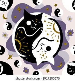Vector seamless pattern of cats yin yang. A black and white cat sleep embracing in the form of the Chinese yin yang symbol. Design for printing on textiles, packaging, paper, wallpaper.