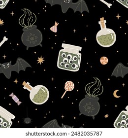 Vector seamless pattern with cauldron, potion, and bats, perfect for Halloween textiles, wrapping paper, greeting cards, party invitations, and home decor. 