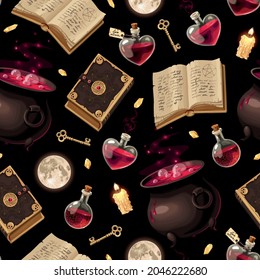 Vector seamless pattern with cauldrons and books