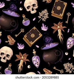 Vector seamless pattern with cauldrons and books