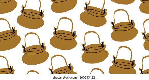 Vector seamless pattern with cauldrons, cattle of white background. Scandinavian style wizards and witches pattern. Children pattern with cauldrons