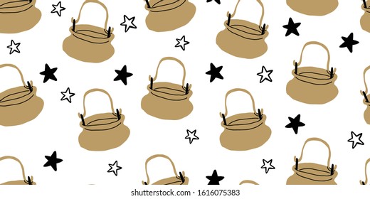 Vector seamless pattern with cauldrons, cattle, stars on white background. Scandinavian style wizards and witches pattern. Children pattern with cauldrons