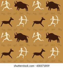 Vector Seamless Pattern with Cave Drawings Theme, hunting caveman and wild animals