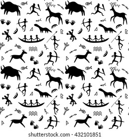 Vector Seamless Pattern and Cave Drawings Theme  black silhouettes hunting caveman   wild animals