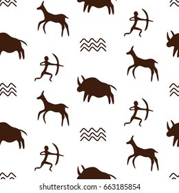 Vector Seamless Pattern with Cave Drawings Theme, black silhouettes of hunting caveman and wild animals