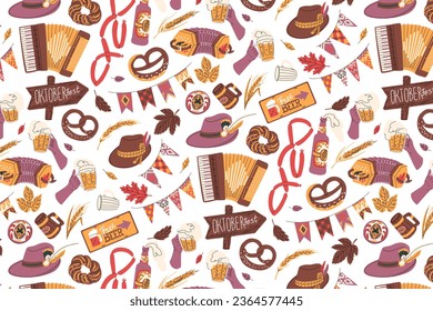 Vector seamless pattern for celebrating Oktoberfest. Festival of beer and attractions in Munich. Traditional attributes and decorations. German drinking culture.