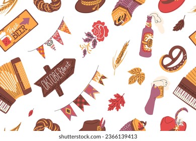Patrón vectorial sin fisuras para la celebración del Oktoberfest. Festival de cerveza y atracciones en Munich. Atributos y decoraciones tradicionales. Cultura del consumo alemán.