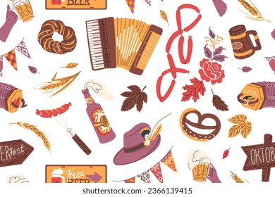 Vector seamless pattern for celebrating Oktoberfest. Festival of beer and attractions in Munich. Traditional attributes and decorations. German drinking culture.