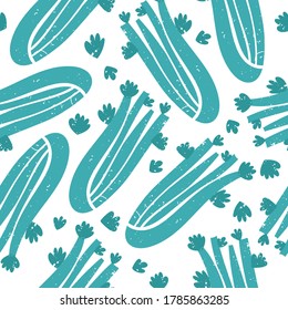 Vector seamless pattern with celery. Bright colorful healthy cartoon stylized exotic vegetables background in print flat style, eat local organic products.