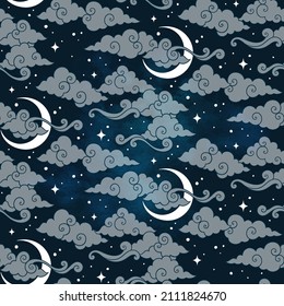 Vector seamless pattern with celestial bodies - moons, stars and clouds. Pastel hand drawn textile or wrapping design