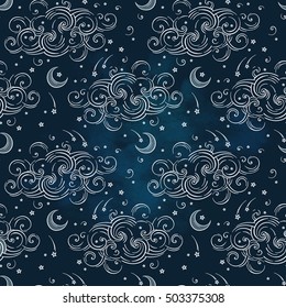 Vector sin fisuras con cuerpos celestes - lunas, estrellas y nubes. Diseño textil dibujado a mano en forma de impresión boho